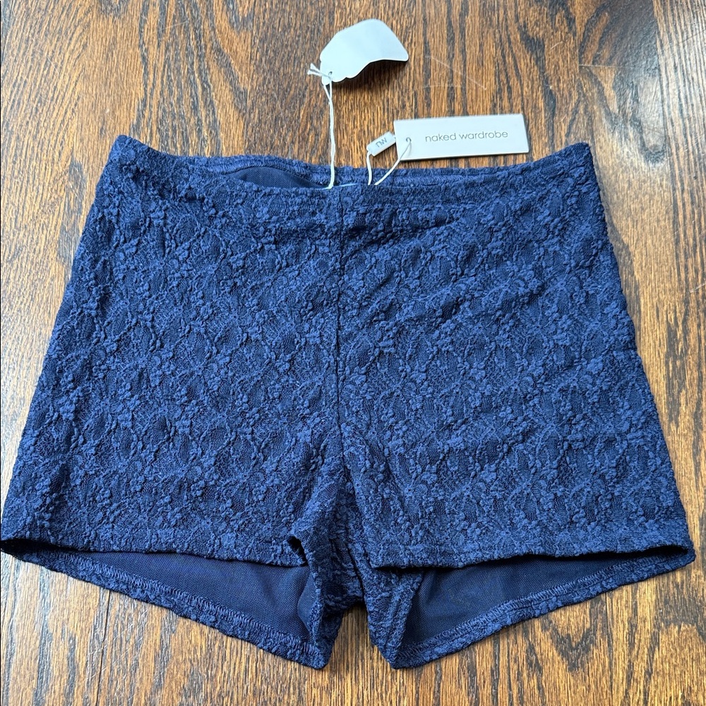 NWT naked wardrobe Navy Lace High-Waist Shorts size XS